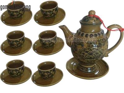 Bộ ấm chén men vàng hoa phù dung sang trọng quà tặng 