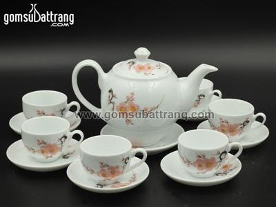 Bộ ấm trà sứ Bát Tràng cao cấp hoa đào hồng sang trọng chính hãng 