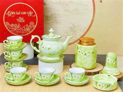 Bộ ấm chén Bát Tràng màu cốm tinh tế sang trọng giá tốt 