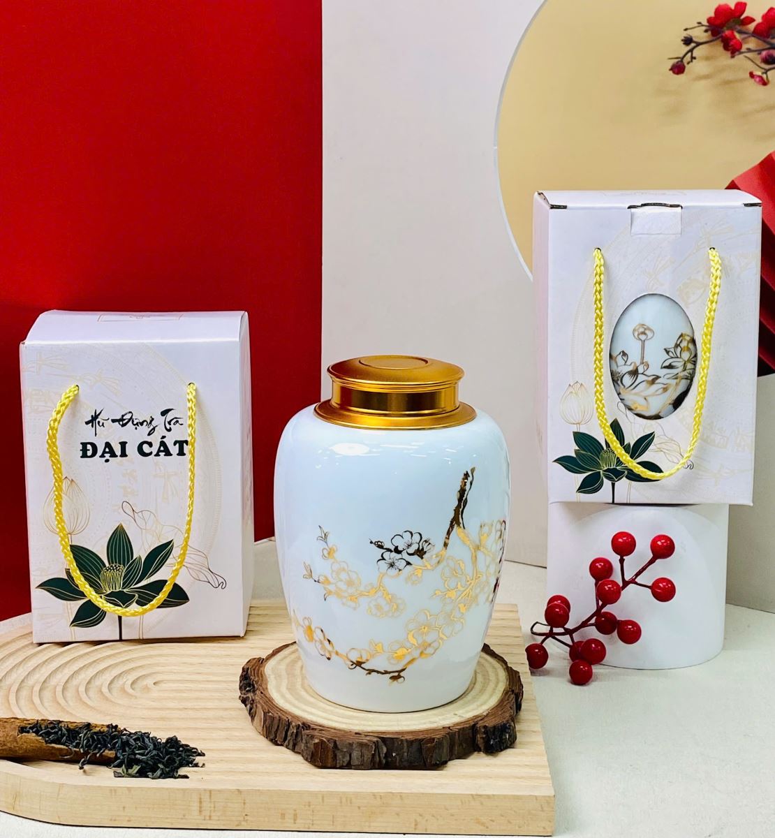 Hũ đựng trà sứ Bát Tràng vàng kim Phát lộc giữ trà tươi