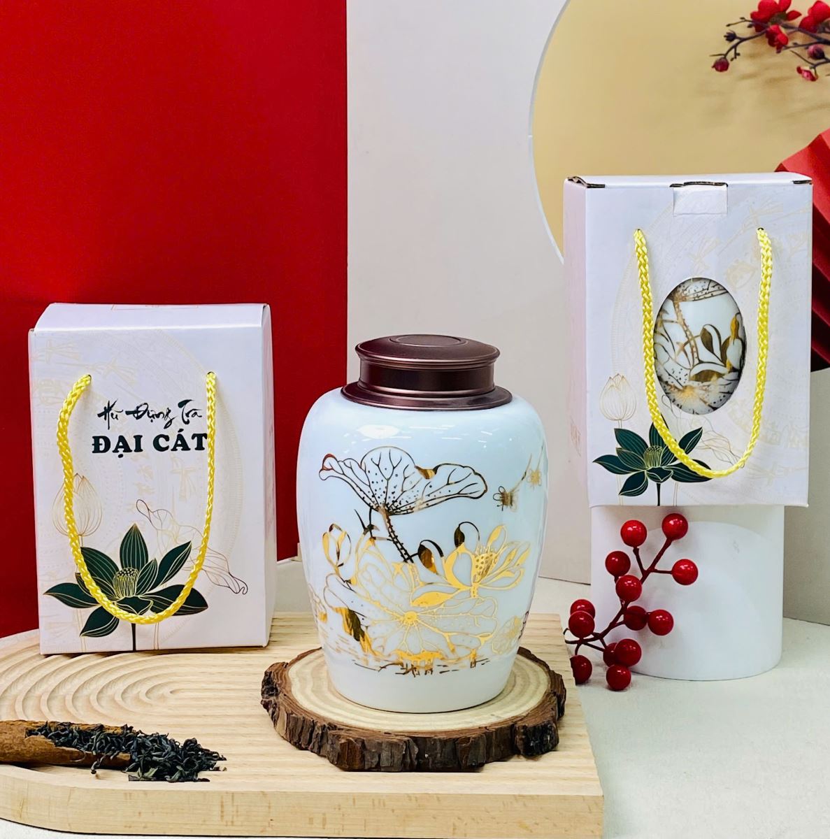 Hũ đựng trà sứ Bát Tràng vàng kim Phát lộc giữ trà tươi