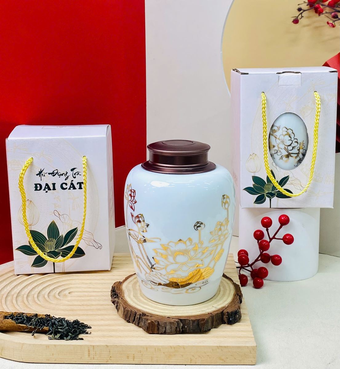 Hũ đựng trà sứ Bát Tràng vàng kim Phát lộc giữ trà tươi
