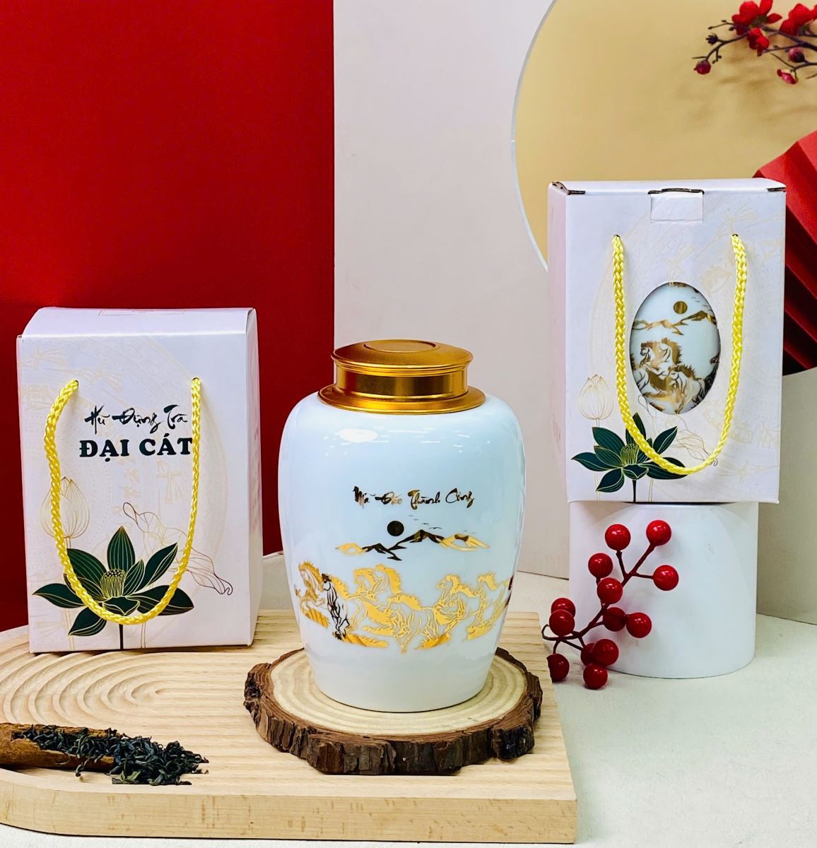 Hũ đựng trà sứ Bát Tràng vàng kim Phát lộc giữ trà tươi