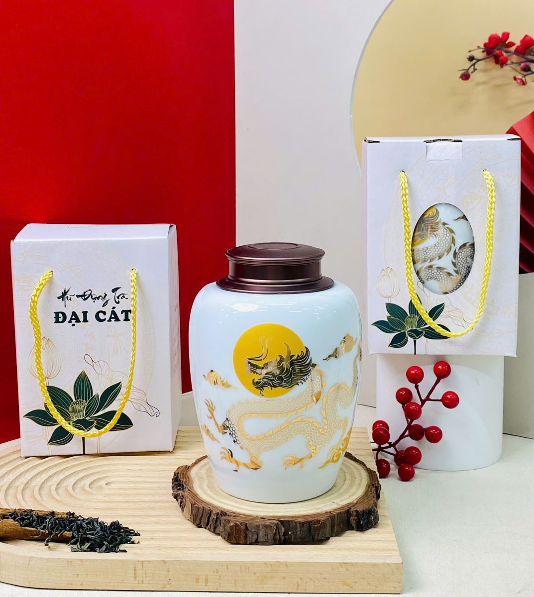 Hũ đựng trà sứ Bát Tràng vàng kim Phát lộc giữ trà tươi