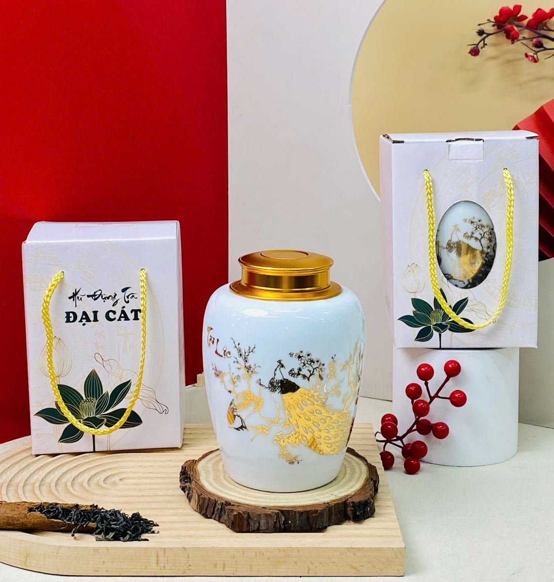 Hũ đựng trà sứ Bát Tràng vàng kim Phát lộc giữ trà tươi