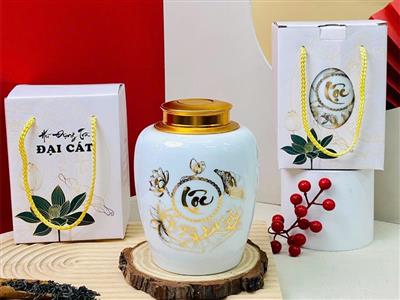 Hũ đựng trà sứ Bát Tràng vàng kim Phát lộc giữ trà tươi 