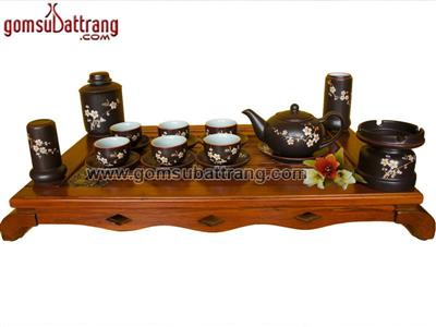 Bộ ấm chén quả hồng vẽ hoa đào Bát Tràng sang trọng đầy đủ phụ kiện 