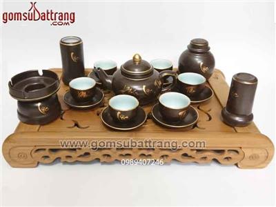 Bộ ấm chén men nâu vẽ vàng kim chữ Phúc Lộc Thọ sang trọng, tặng quà ý nghĩa 