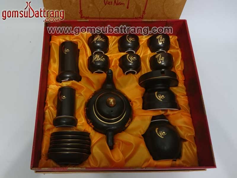 Bộ ấm chén men nâu vẽ vàng kim chữ Phúc Lộc Thọ sang trọng, tặng quà ý nghĩa