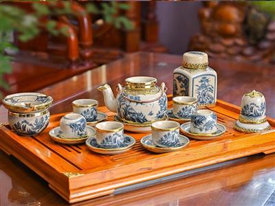 Bộ ấm chén Bát Tràng vung lõm bọc đồng cao cấp kèm phụ kiện 