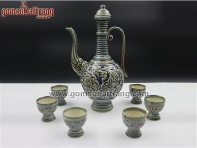 Bộ ấm rót rượu men xanh khắc nổi hoa phù dung sang trọng cao cấp 