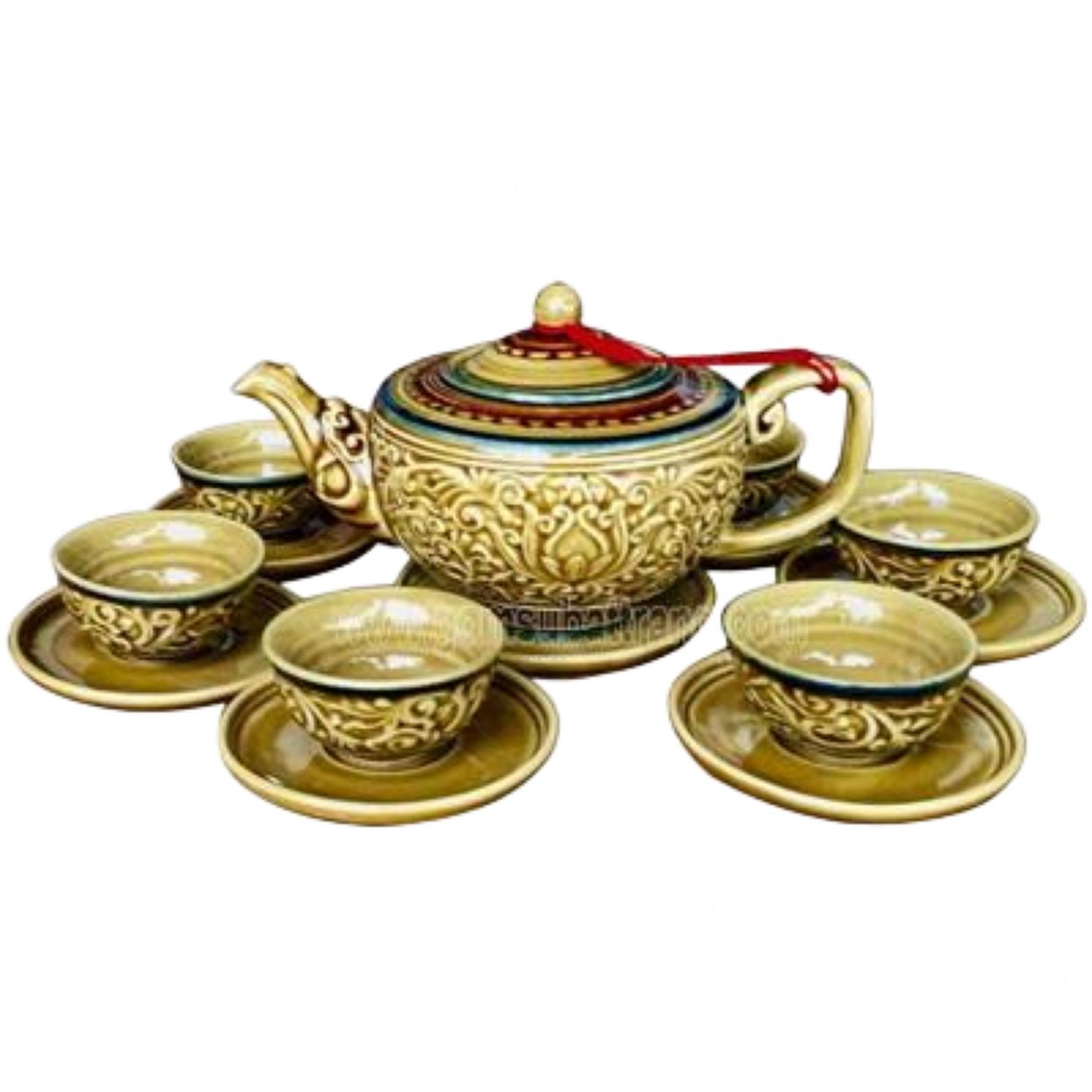 Ấm chén hoa sen men vàng Bát Tràng quà tặng in logo giá tốt 