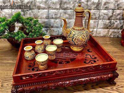 Ấm rót rượu men vàng hoàng thố khắc hoa phù dung quà tặng in logo giá tốt 