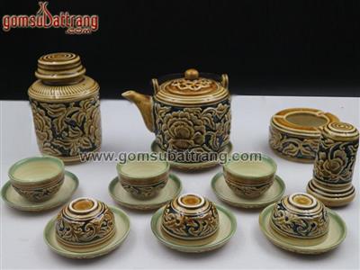 Bộ ấm trà dáng vại hoa phù dung men vàng cao cấp kèm phụ kiện 