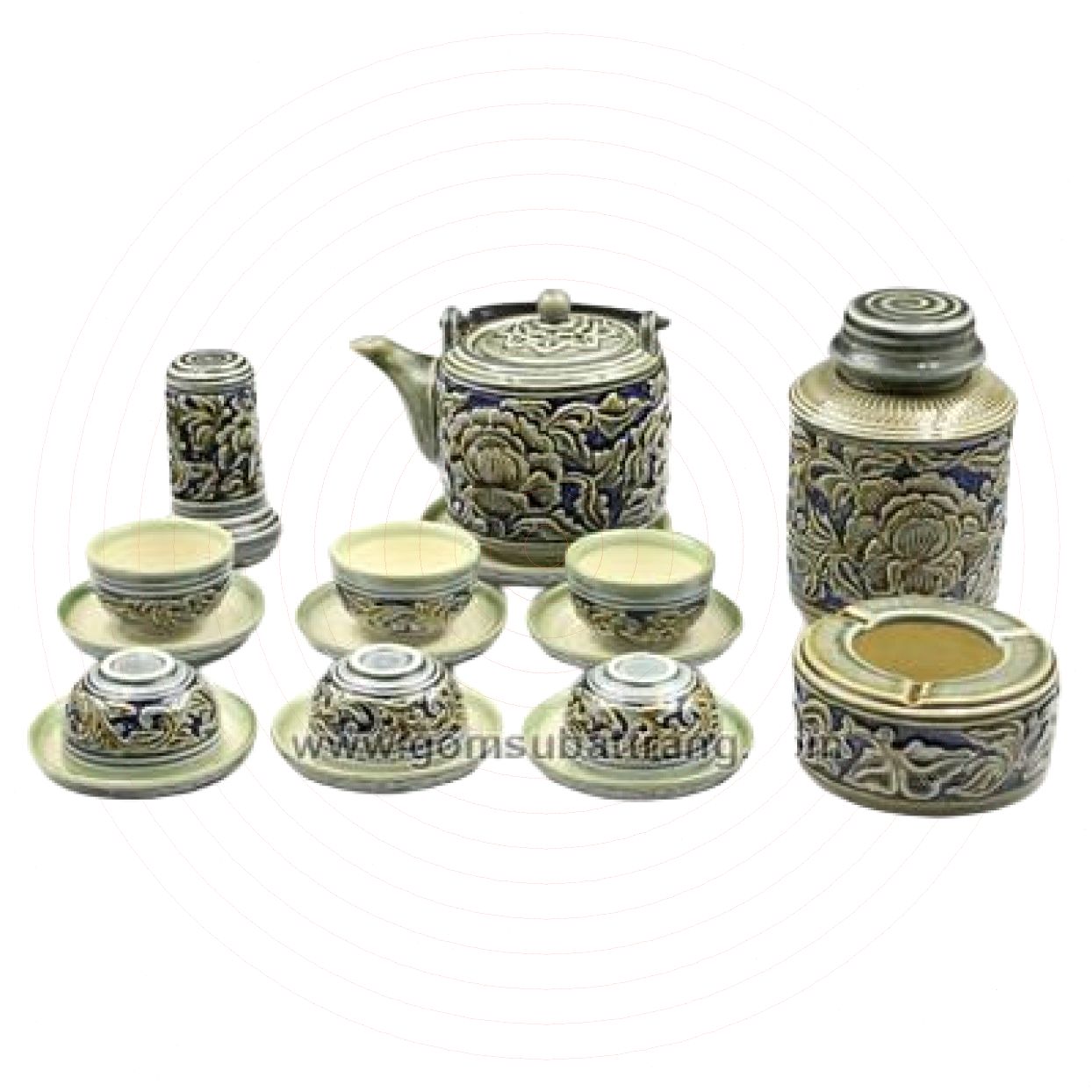 Bộ ấm trà vại hoa phù dung xanh đầy đủ phụ kiện quà tặng độc đáo 