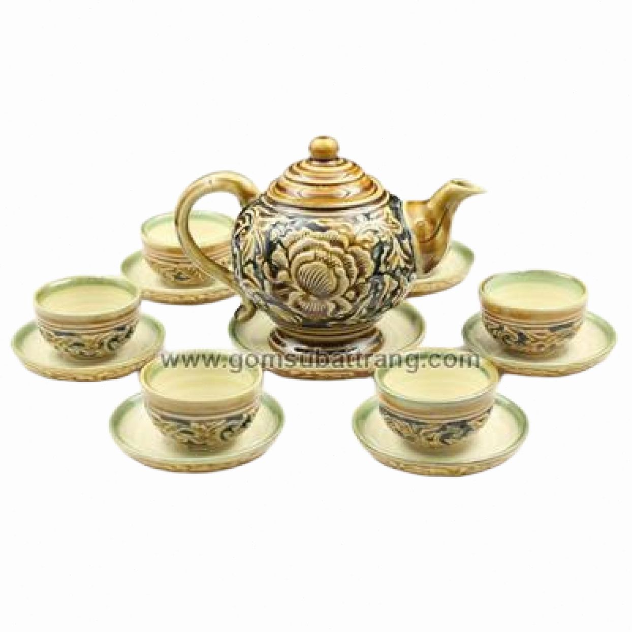 Bộ ấm chén quả hồng hoa phù dung men vàng quà tặng sang trọng 