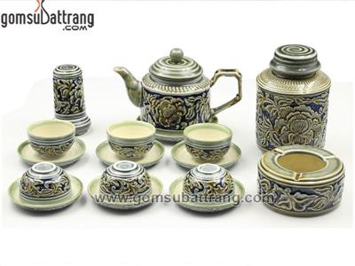 Bộ ấm chén quai vuông hoa phù dung men xanh chính hãng, sang trọng 
