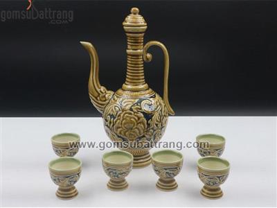 Bộ ấm rượu men vàng hoa phù dung tinh xảo quà tặng ý nghĩa 
