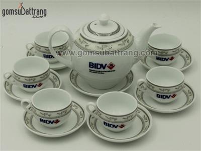 Bộ ấm chén sứ Bát Tràng viền Hạc bạch kim sang trọng tiện dụng 