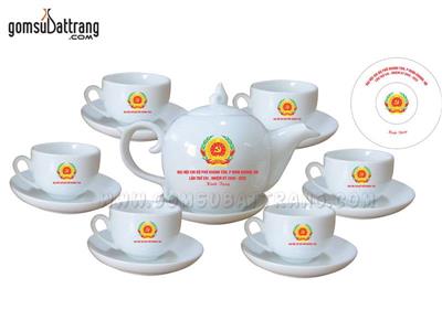 Bộ ấm chén trắng Bát Tràng cao cấp in logo quà tặng khuyến mại 