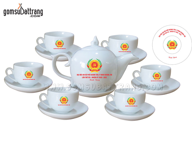 Bộ ấm chén trắng Bát Tràng cao cấp in logo quà tặng khuyến mại