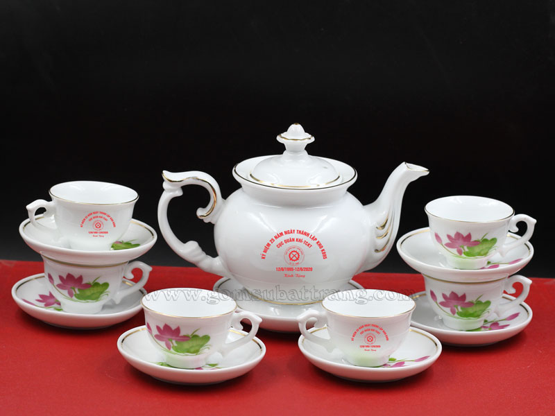 Bộ ấm trà Bát Tràng cao cấp Sen Hồng quà tặng sang trọng