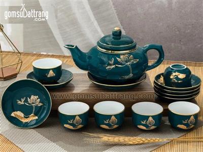 Bộ ấm chén Bát Tràng men xanh đồng hoa sen vàng cao cấp sang trọng 