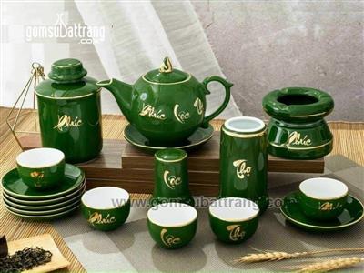Bộ ấm chén men xanh vàng kim Phúc Lộc Thọ sang trọng cao cấp 