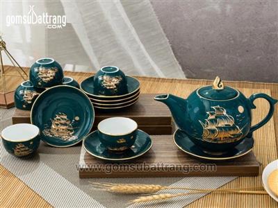Bộ ấm chén vàng kim thuận buồm xuôi gió sang trọng, quà tặng giá tốt 