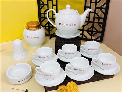 Bộ ấm chén sứ Bát Tràng men trắng in logo quà tặng giá tốt 