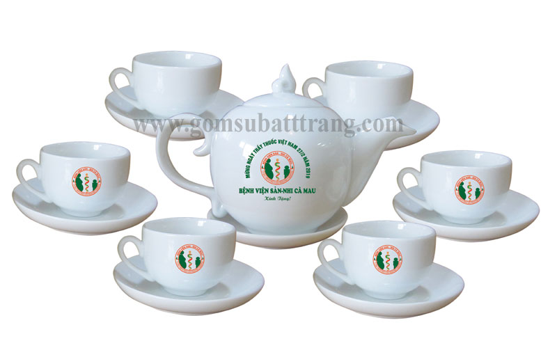 Bộ ấm chén sứ Bát Tràng men trắng in logo quà tặng giá tốt