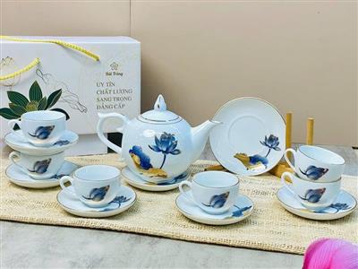 bộ ấm chén cao cấp chóp lửa vàng kim hoa sen xanh sang trọng 