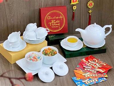 Bộ ấm chén trắng Bát Tràng cao cấp Quà tặng doanh nghiệp sang trọng giá ưu đãi 
