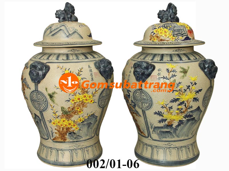 Chéo sứ Bát Tràng men rạn cổ đắp nổi tứ cảnh phong thủy