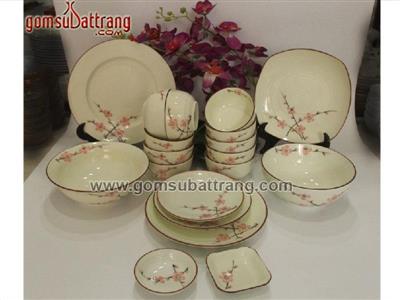 Bộ chén đĩa Bát Tràng vẽ đào 19 món cao cấp quà Tết sang trọng 