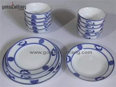 Bộ bát đĩa Bát Tràng xanh Coban vẽ đào thọ cao cấp sang trọng 