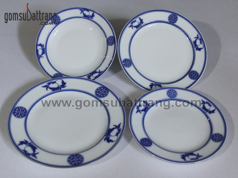 Bộ bát đĩa Bát Tràng xanh Coban vẽ đào thọ cao cấp sang trọng