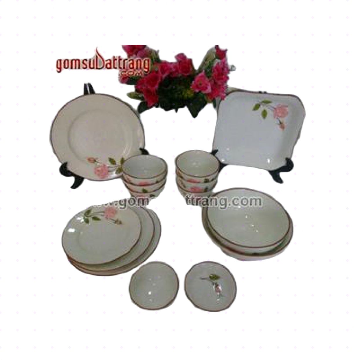 Bộ bát đĩa hoa hồng men kem 15 món sang trọng giá tốt 