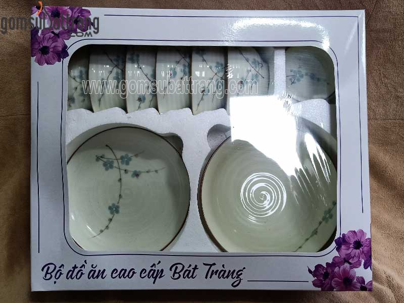 Set đồ ăn men kem 10 món vẽ hoa đào xanh sang trọng, đẹp mắt