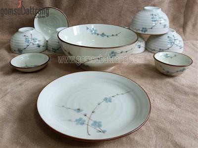 Set đồ ăn men kem 10 món vẽ hoa đào xanh sang trọng, đẹp mắt 