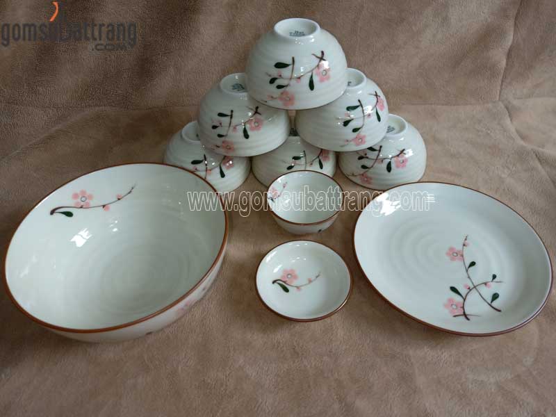 Set đồ ăn men kem 10 món hoa đào hồng sang trọng tiện lợi
