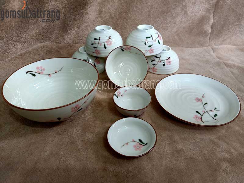 Set đồ ăn men kem 10 món hoa đào hồng sang trọng tiện lợi