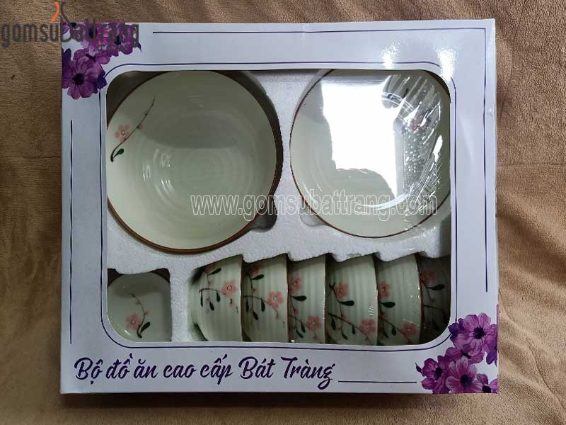 Set đồ ăn men kem 10 món hoa đào hồng sang trọng tiện lợi