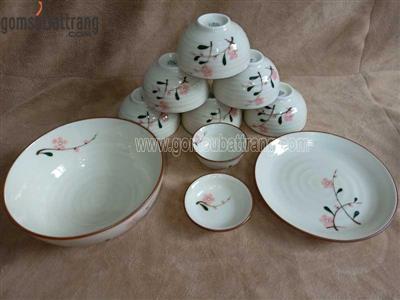 Set đồ ăn men kem 10 món hoa đào hồng sang trọng tiện lợi 