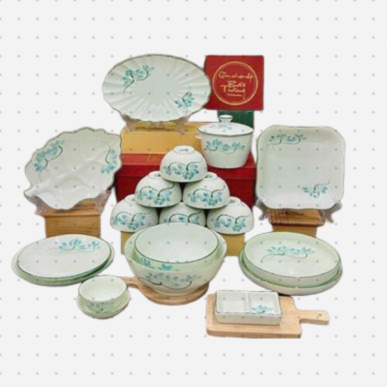 Bộ bát đĩa Bát Tràng hoa sen sang trọng quà tặng Tân Gia 