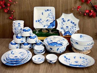 Bộ bát đĩa men xanh Bát Tràng cao cấp quà tân gia sang trọng 