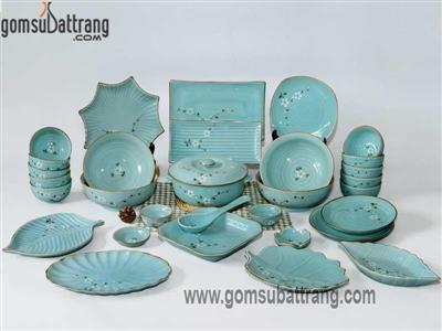 Bộ bát đĩa hoa mai trắng 31 món men xanh đun khử sang trọng 