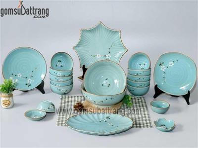 Bộ bát đĩa hoa mai men xanh đun khử 20 món sang trọng tiện lợi 