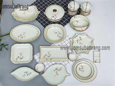 Bộ 35 món đồ ăn men kem vẽ hoa đào hồng - Sang trọng, tiện lợi 