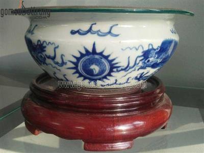 Bát hương dáng lựu Rồng chầu mặt nguyệt vẽ tay cổ tặng đế gỗ 